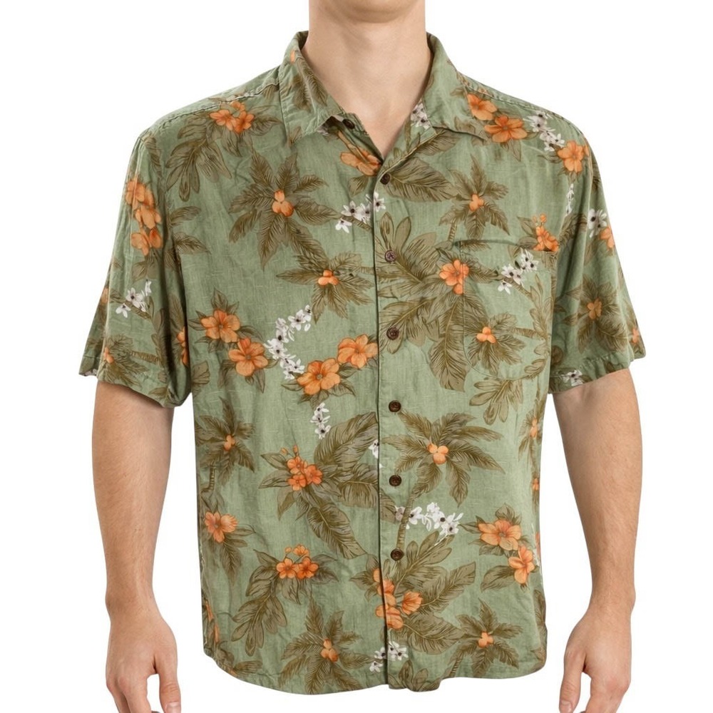 Caribbean Joe Hawaiian Aloha Shirt XL Floral Palm‎ Trees Flowers Olive-Green